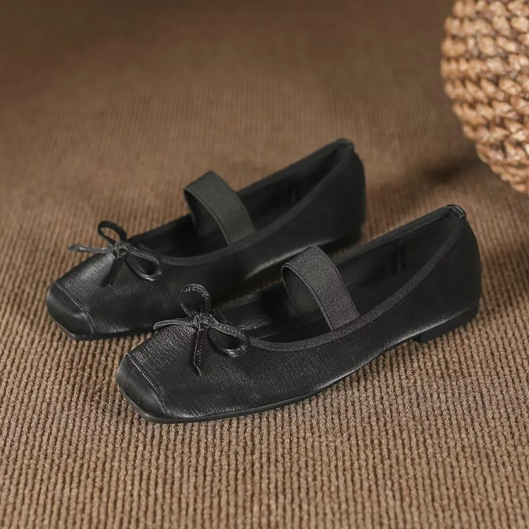 TN TANGNEST Leather Flats for Women Comfortable Square Toe Bowknot Ballet Flats Retro Slip On Mary Jane Flats