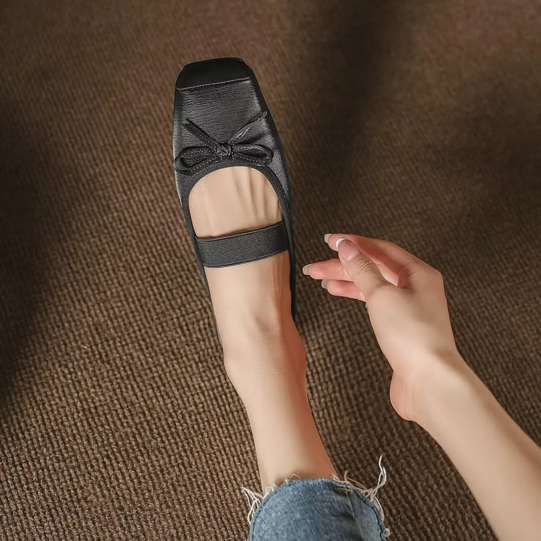 TN TANGNEST Leather Flats for Women Comfortable Square Toe Bowknot Ballet Flats Retro Slip On Mary Jane Flats
