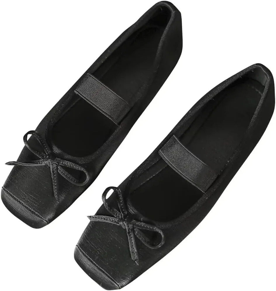 TN TANGNEST Leather Flats for Women Comfortable Square Toe Bowknot Ballet Flats Retro Slip On Mary Jane Flats