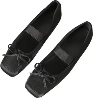 TN TANGNEST Leather Flats for Women Comfortable Square Toe Bowknot Ballet Flats Retro Slip On Mary Jane Flats