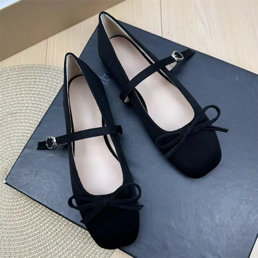 TN TANGNEST Leather Flats for Women Comfortable Square Toe Bowknot Ballet Flats Retro Slip On Mary Jane Flats