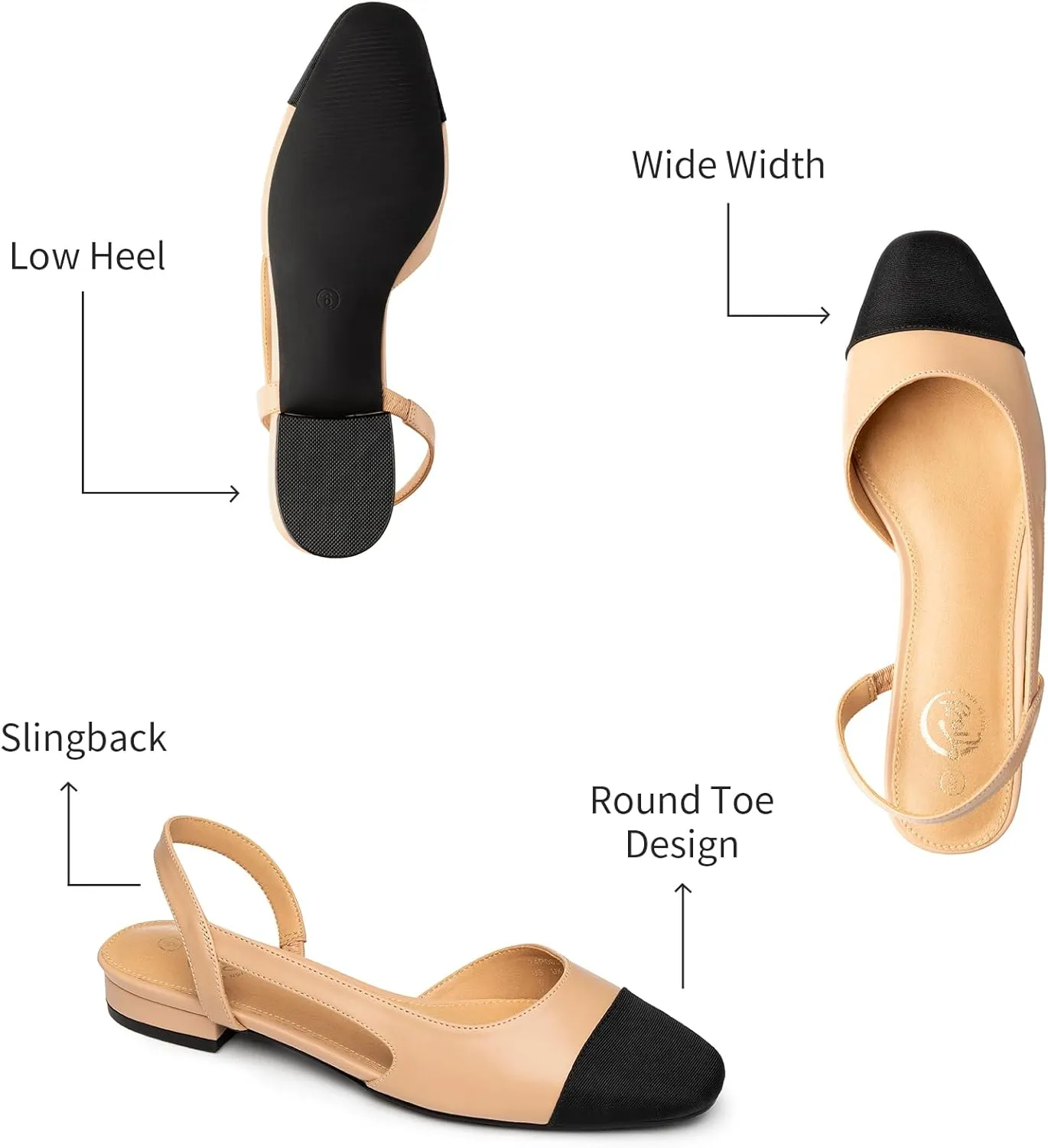 Trary Slingback Flats for Women, Black Dressy Comfortable Round Square Toe Shoes, Work Office Casual Ankle Strap Dress Flats