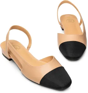 Trary Slingback Flats for Women, Black Dressy Comfortable Round Square Toe Shoes, Work Office Casual Ankle Strap Dress Flats