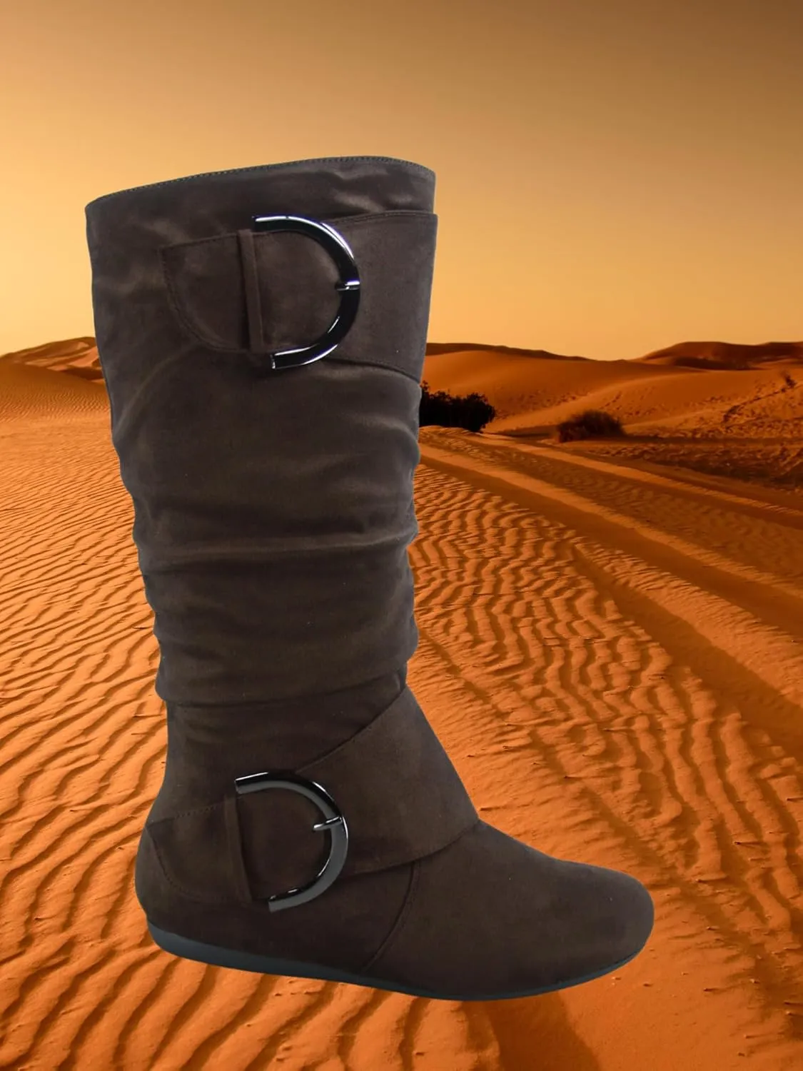 TZ Zone-38 Women's Closed Round Toe Flat Heel Buckle Slouchy Mid-Calf Casual Boots