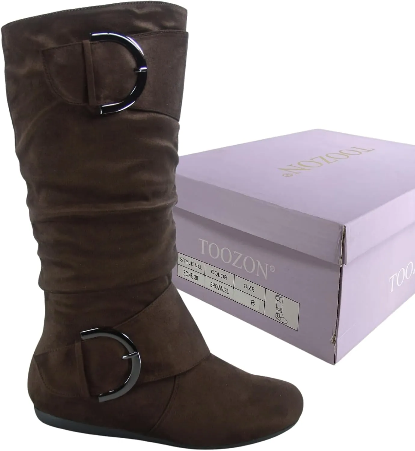 TZ Zone-38 Women's Closed Round Toe Flat Heel Buckle Slouchy Mid-Calf Casual Boots