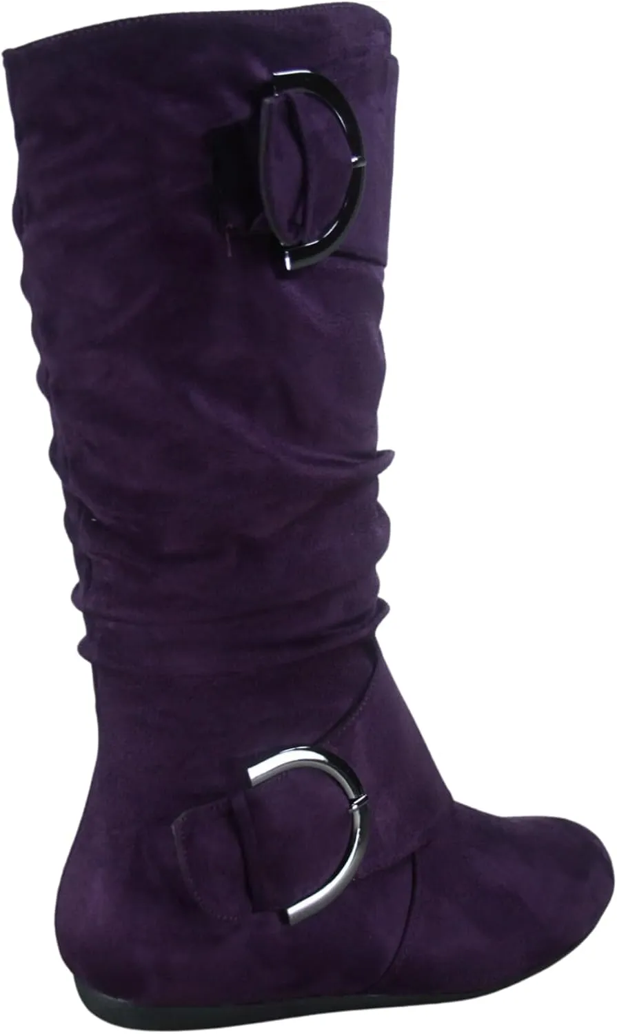 TZ Zone-38 Women's Closed Round Toe Flat Heel Buckle Slouchy Mid-Calf Casual Boots