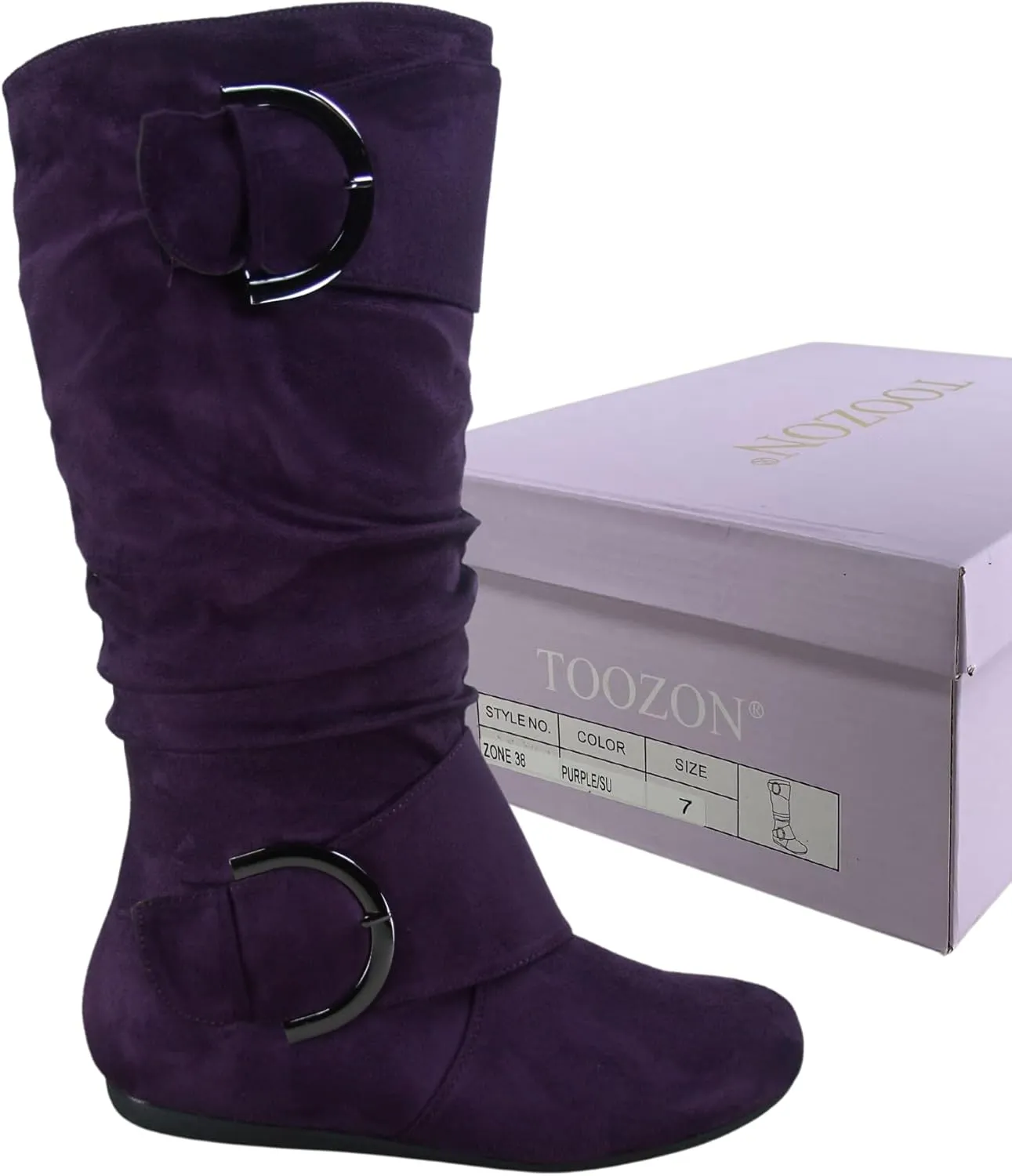 TZ Zone-38 Women's Closed Round Toe Flat Heel Buckle Slouchy Mid-Calf Casual Boots