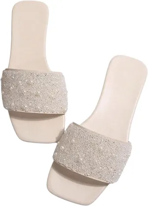 Verdusa Women's Glitter Rhinestone Pearls Slippers PU Leather Square Open Toe Flat Sandals