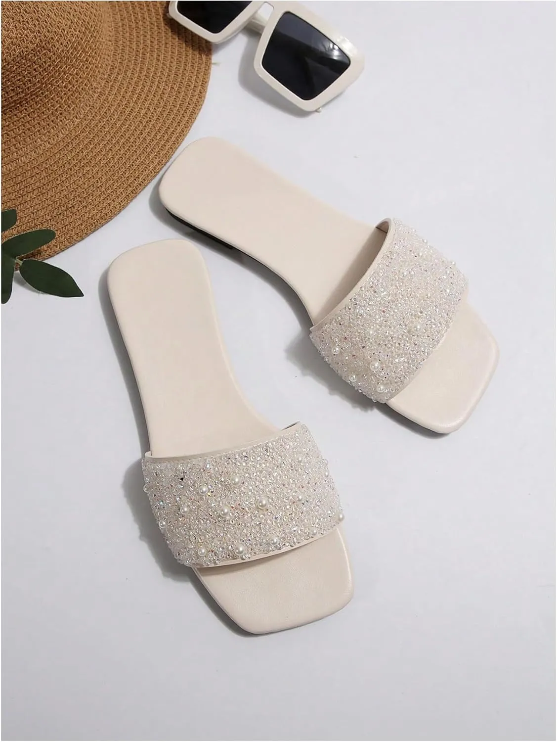 Verdusa Women's Glitter Rhinestone Pearls Slippers PU Leather Square Open Toe Flat Sandals