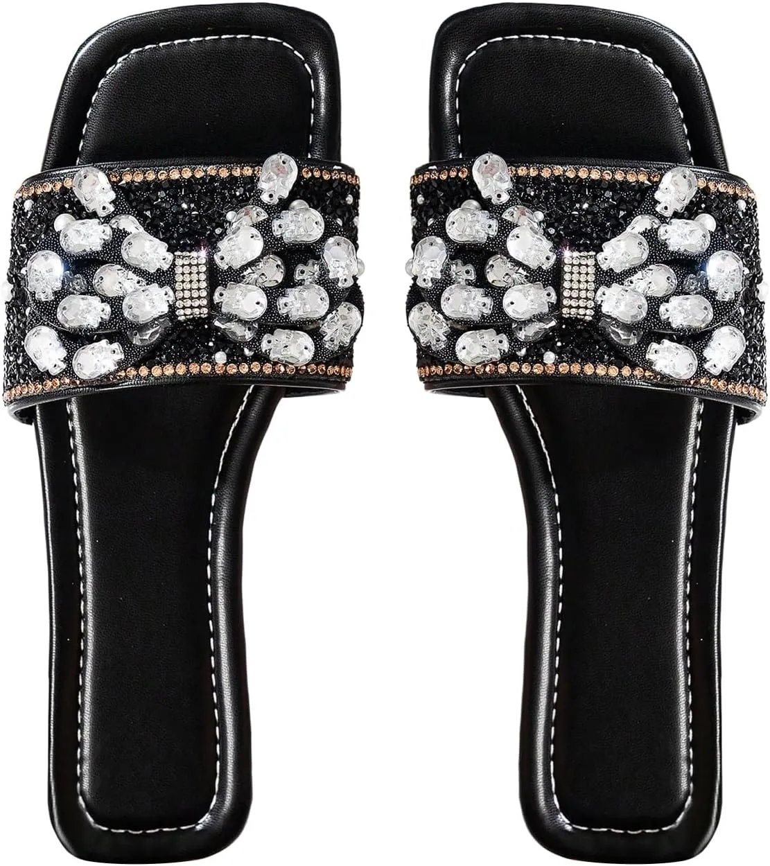 Verdusa Women's Rhinestone Bow Glitter Sandals Square Open Toe Flat Leather Slippers