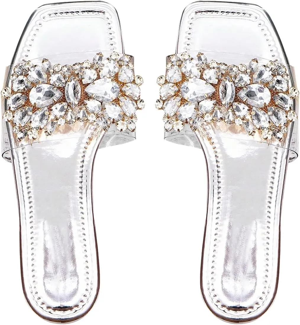 Verdusa Women's Rhinestone Clear Flat Sandals Square Toe Slide Sandals