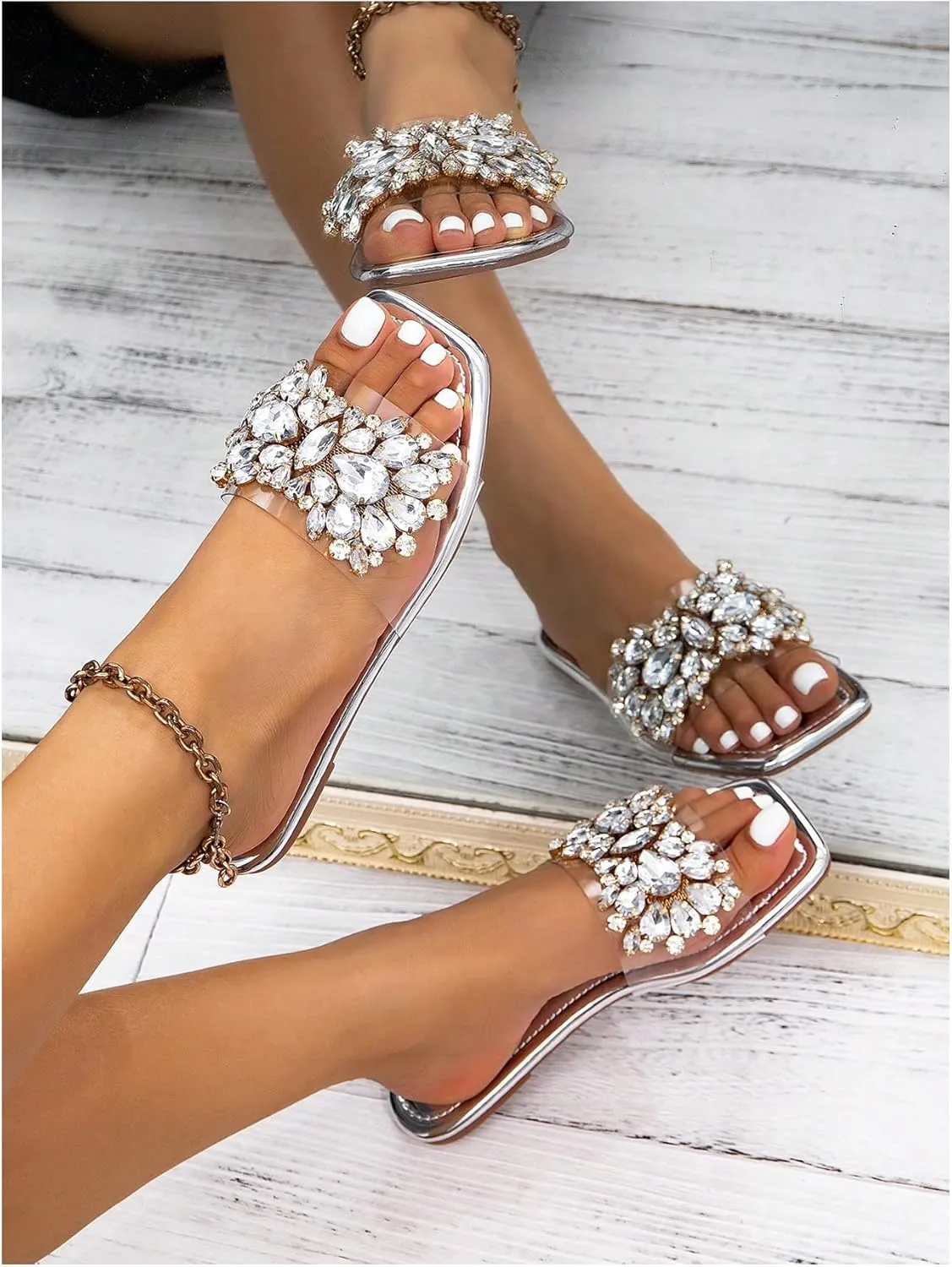 Verdusa Women's Rhinestone Clear Flat Sandals Square Toe Slide Sandals