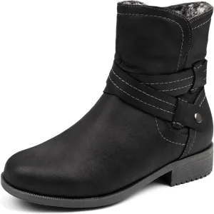VJH confort Women's Mid Calf Boots, Fur Lined Round Toe Low heel Cross Straps Slouchy Booties with Zipper