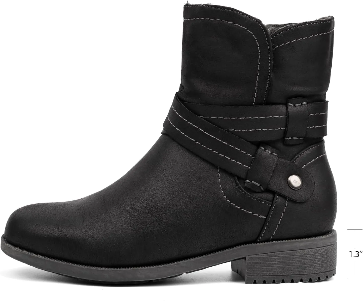 VJH confort Women's Mid Calf Boots, Fur Lined Round Toe Low heel Cross Straps Slouchy Booties with Zipper