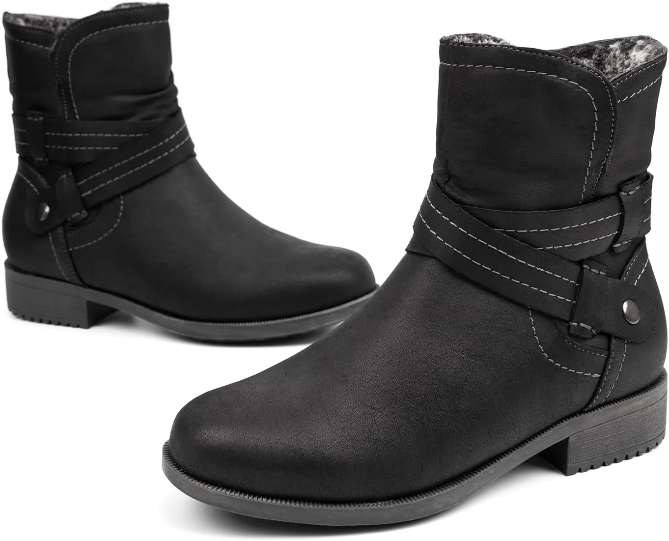 VJH confort Women's Mid Calf Boots, Fur Lined Round Toe Low heel Cross Straps Slouchy Booties with Zipper