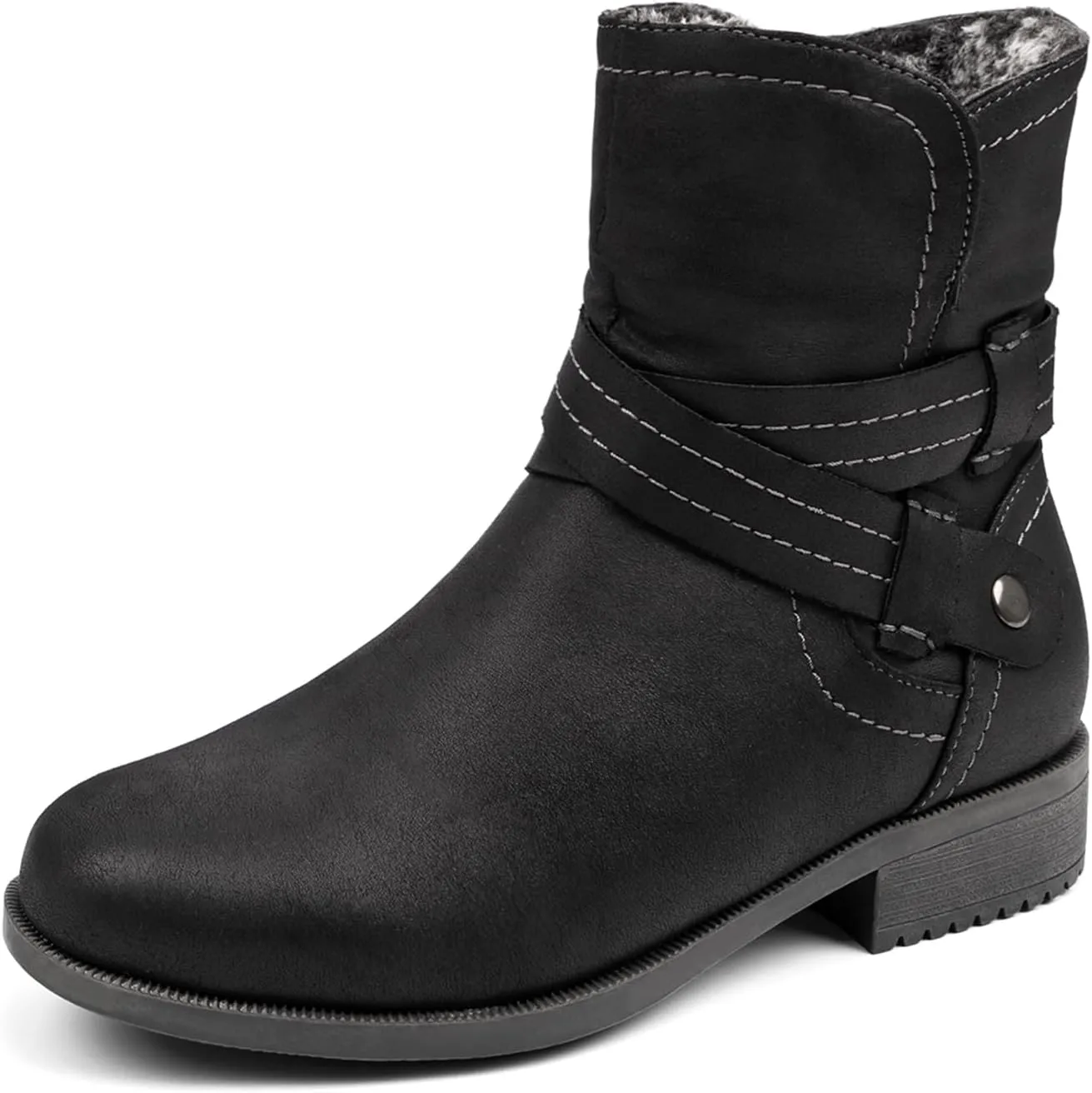 VJH confort Women's Mid Calf Boots, Fur Lined Round Toe Low heel Cross Straps Slouchy Booties with Zipper