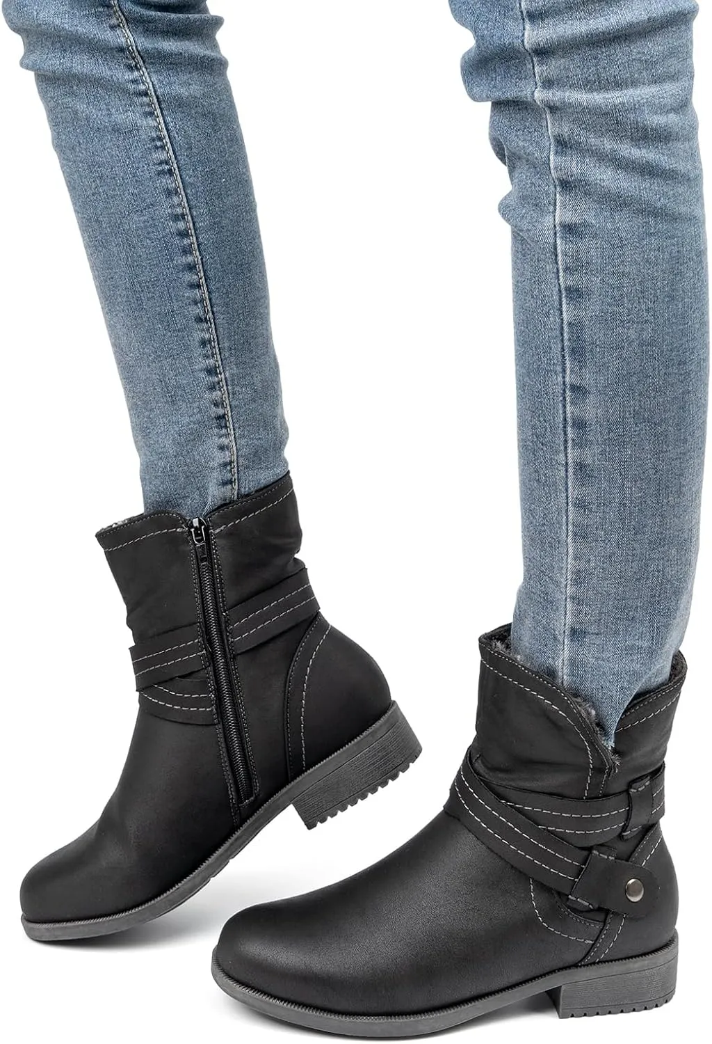 VJH confort Women's Mid Calf Boots, Fur Lined Round Toe Low heel Cross Straps Slouchy Booties with Zipper
