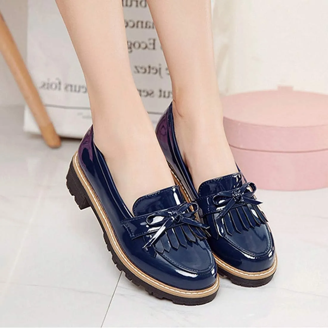 VOKLIN Women's Classic Tassels Flat Oxford Shoes Patent Leather Slip On Low Heel Bowtie School Penny Loafers