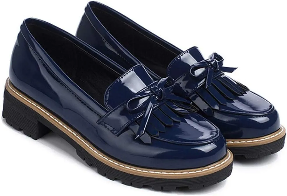 VOKLIN Women's Classic Tassels Flat Oxford Shoes Patent Leather Slip On Low Heel Bowtie School Penny Loafers