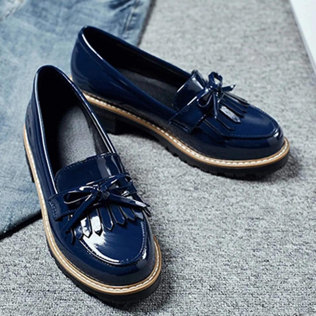 VOKLIN Women's Classic Tassels Flat Oxford Shoes Patent Leather Slip On Low Heel Bowtie School Penny Loafers