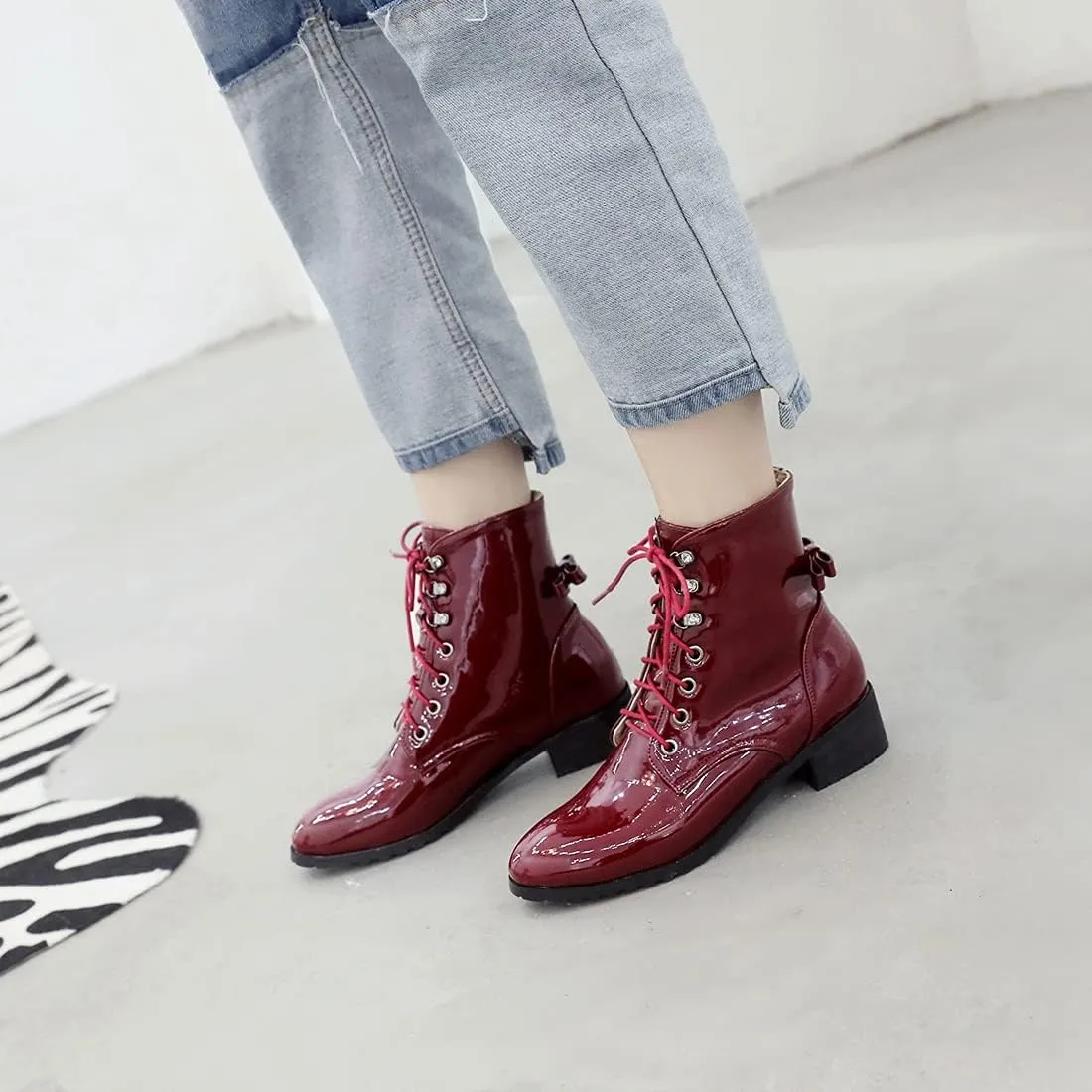 VOKLIN Women's Lace Up Chelsea Ankle Booties Round Toe Patent Leather Flat Low Heels Dressy Short Boots