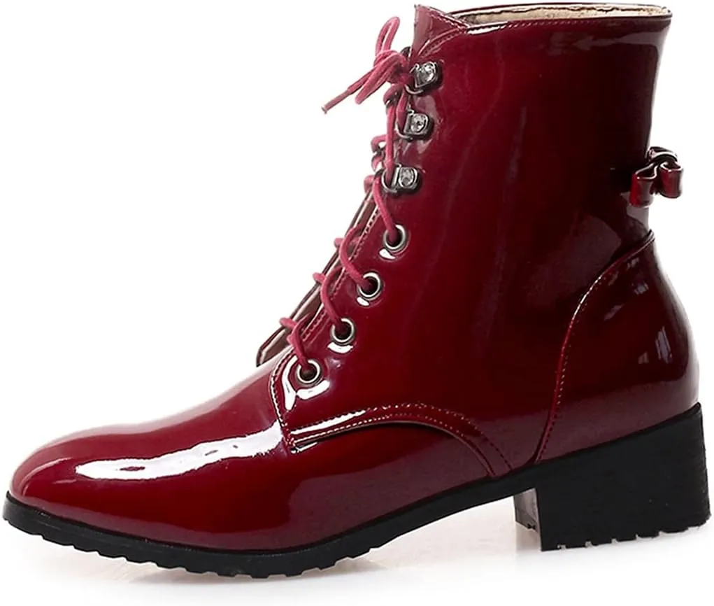 VOKLIN Women's Lace Up Chelsea Ankle Booties Round Toe Patent Leather Flat Low Heels Dressy Short Boots