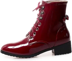 VOKLIN Women's Lace Up Chelsea Ankle Booties Round Toe Patent Leather Flat Low Heels Dressy Short Boots