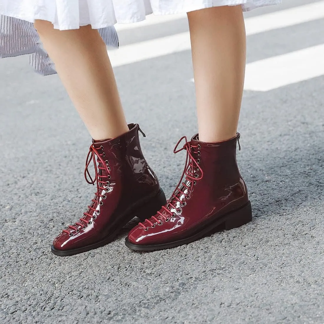 VOKLIN Women's Square Toe Western Dressy Ankle Boots Patent Leather Lace Up Zip Flat Low Heel Short Booties
