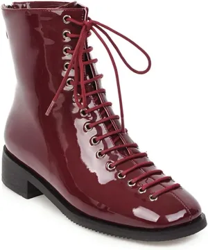 VOKLIN Women's Square Toe Western Dressy Ankle Boots Patent Leather Lace Up Zip Flat Low Heel Short Booties