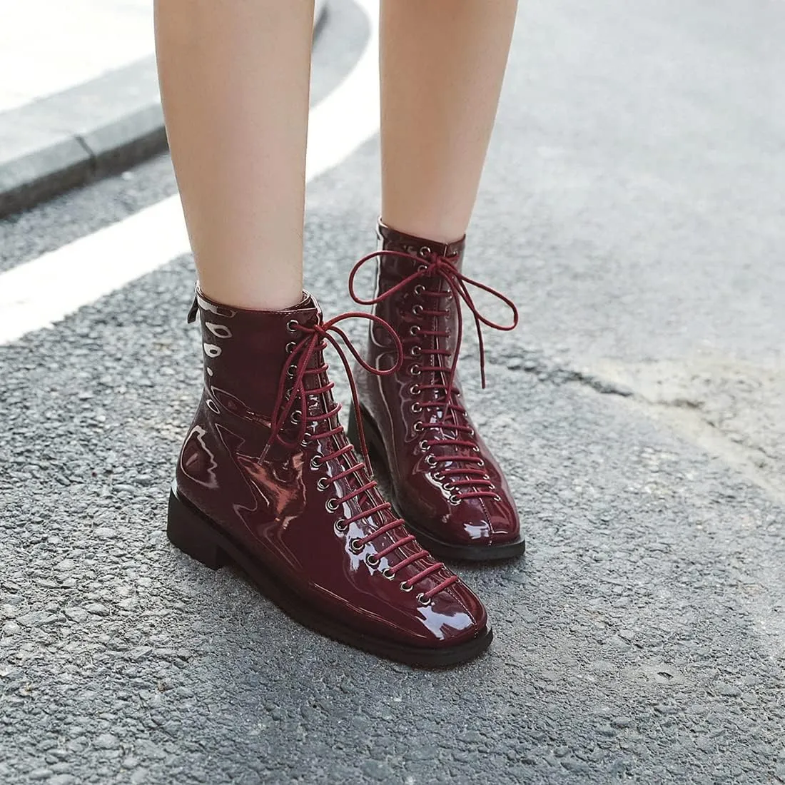 VOKLIN Women's Square Toe Western Dressy Ankle Boots Patent Leather Lace Up Zip Flat Low Heel Short Booties