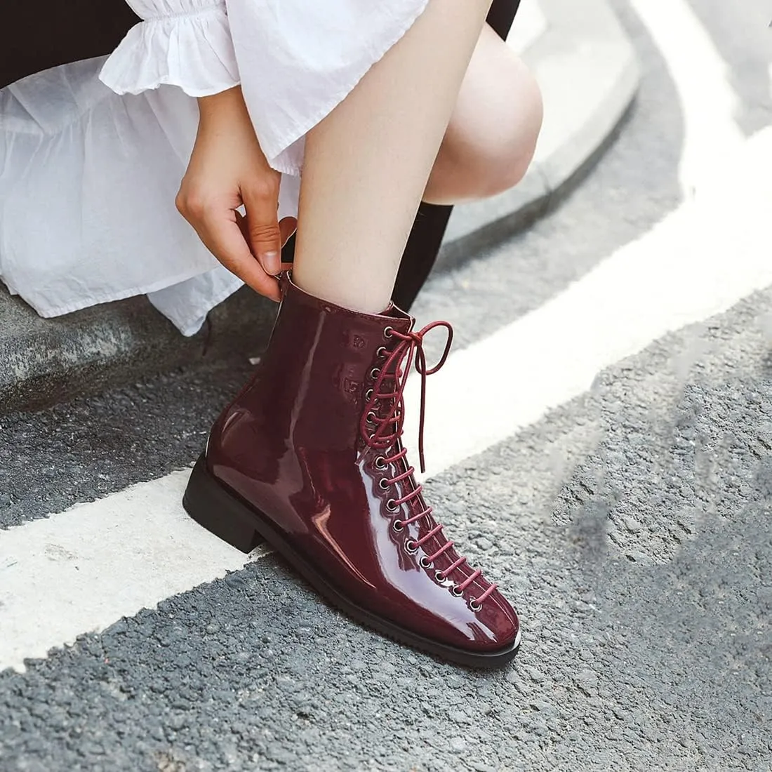VOKLIN Women's Square Toe Western Dressy Ankle Boots Patent Leather Lace Up Zip Flat Low Heel Short Booties
