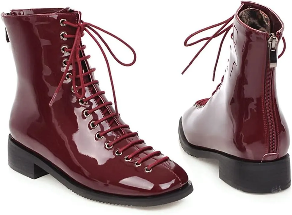 VOKLIN Women's Square Toe Western Dressy Ankle Boots Patent Leather Lace Up Zip Flat Low Heel Short Booties