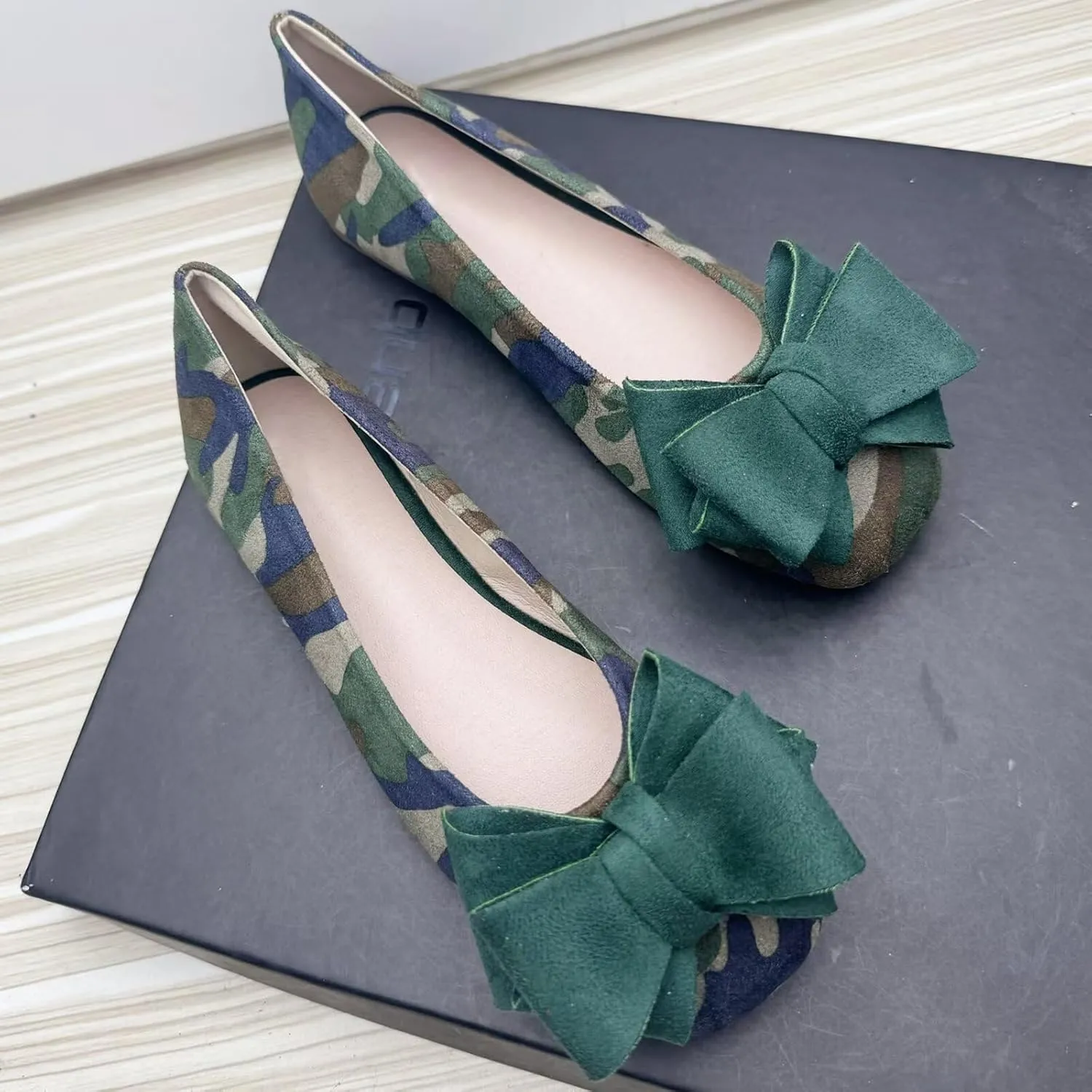 WENJIAZHIZHI Bowknot Ballet Flats Womens Square Toe Bowtie Flat Shoes Suede Dress Shoes Wear to Work Slip On Moccasins