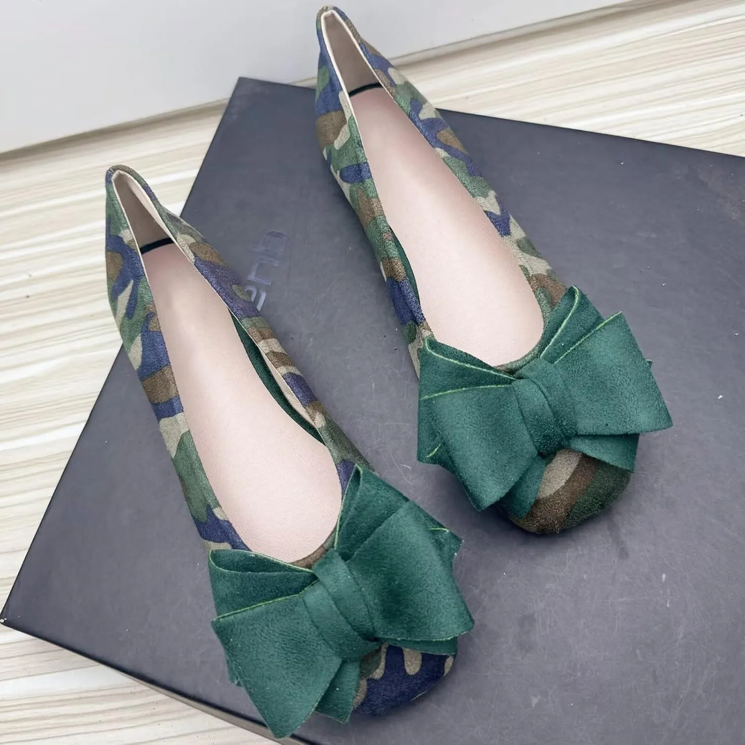 WENJIAZHIZHI Bowknot Ballet Flats Womens Square Toe Bowtie Flat Shoes Suede Dress Shoes Wear to Work Slip On Moccasins