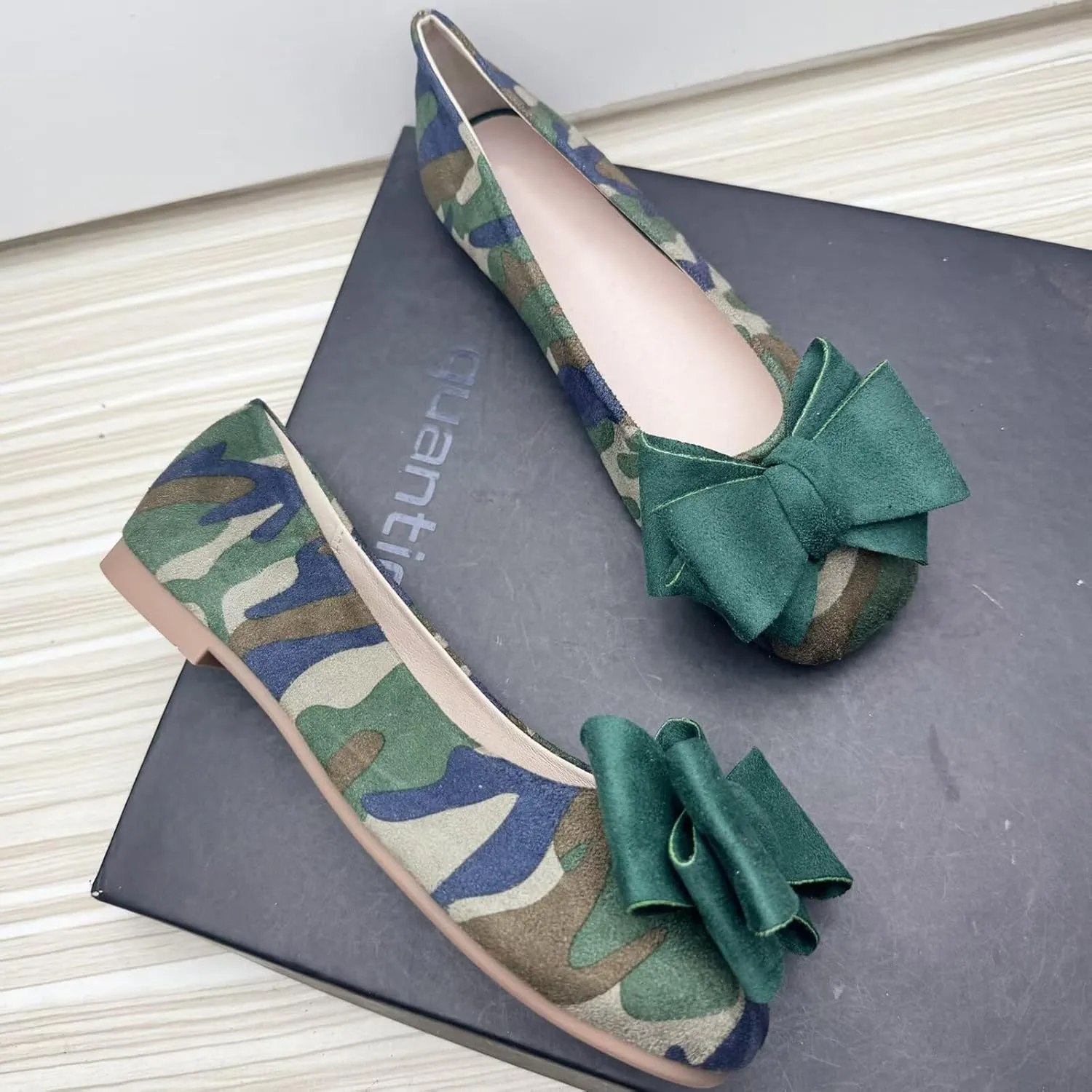 WENJIAZHIZHI Bowknot Ballet Flats Womens Square Toe Bowtie Flat Shoes Suede Dress Shoes Wear to Work Slip On Moccasins