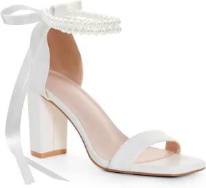 White Block High Heels for Women - Pearl Square Open Toe Chunky Bow Heels - Wedding Bridal Shoes for Prom Party Dress