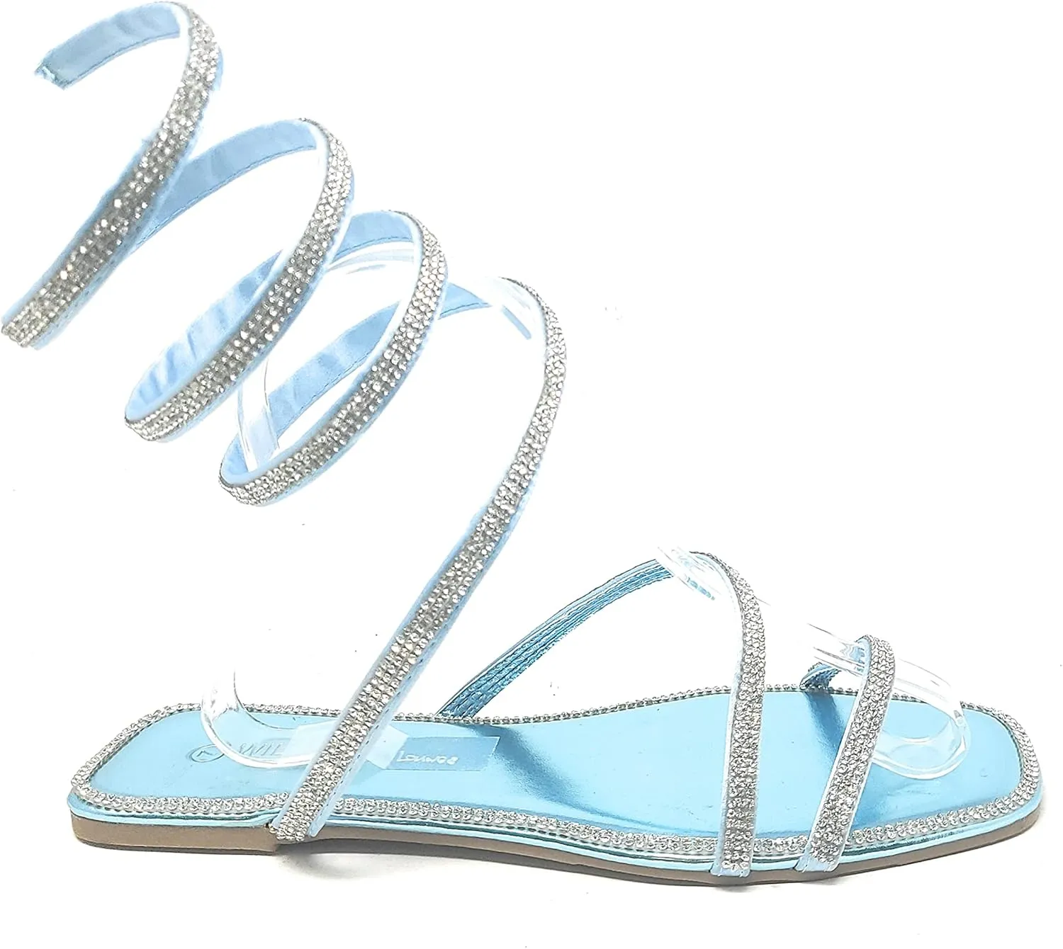 Wild Diva Women's Flat Coil Spiral Strappy Leg Wrap Rhinestone Embellished Square Toe Flat Sandals Dizzy-05