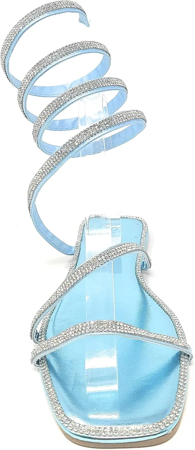Wild Diva Women's Flat Coil Spiral Strappy Leg Wrap Rhinestone Embellished Square Toe Flat Sandals Dizzy-05