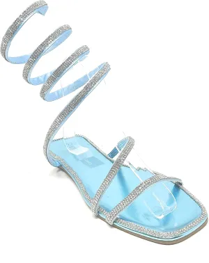 Wild Diva Women's Flat Coil Spiral Strappy Leg Wrap Rhinestone Embellished Square Toe Flat Sandals Dizzy-05