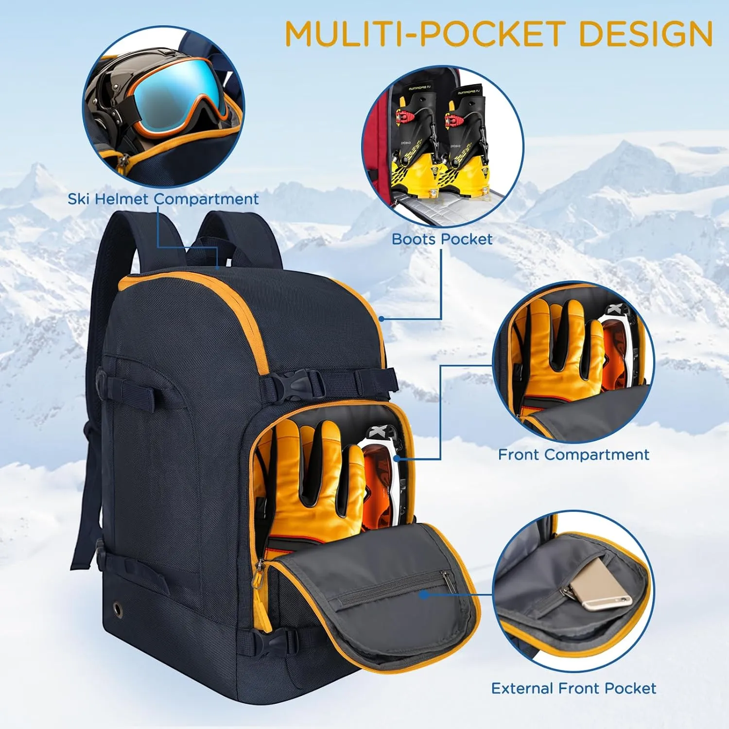 WOLT Ski Boot Bag Backpack 50L Snowboard Boot Bag for Travel for Snow Boots, Ski Helmet, Gloves, Goggles, Skiing Gear