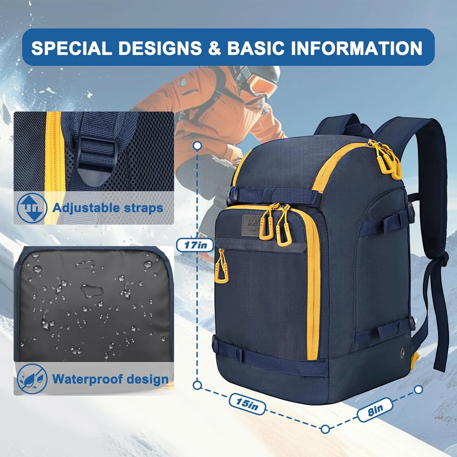 WOLT Ski Boot Bag Backpack 50L Snowboard Boot Bag for Travel for Snow Boots, Ski Helmet, Gloves, Goggles, Skiing Gear