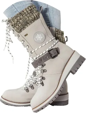 Women Buckle Knitted Mid Calf Boots Winter Warm Lace up Outdoor Casual Cowboy Boots Round Toe Dressy Snow Booties
