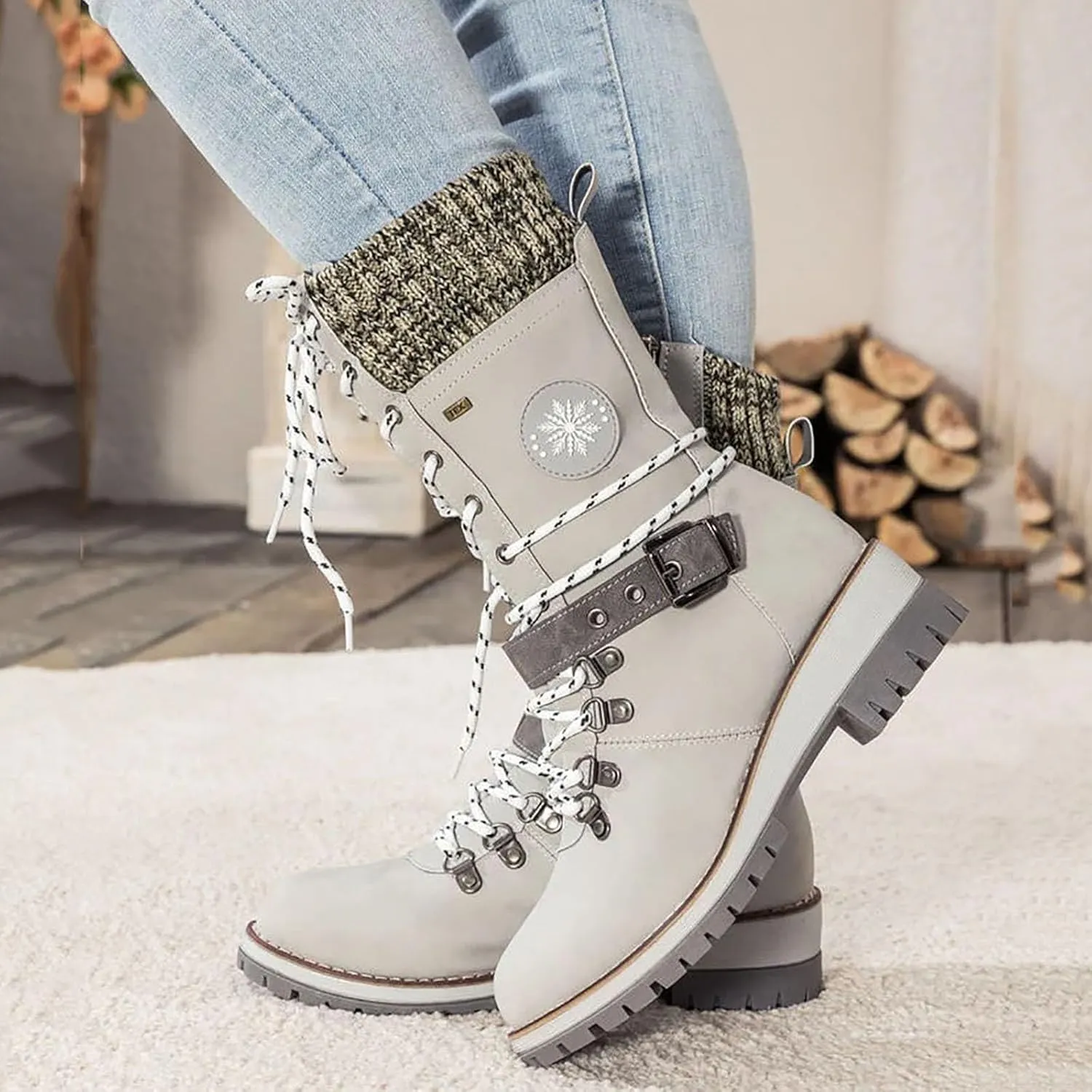 Women Buckle Knitted Mid Calf Boots Winter Warm Lace up Outdoor Casual Cowboy Boots Round Toe Dressy Snow Booties