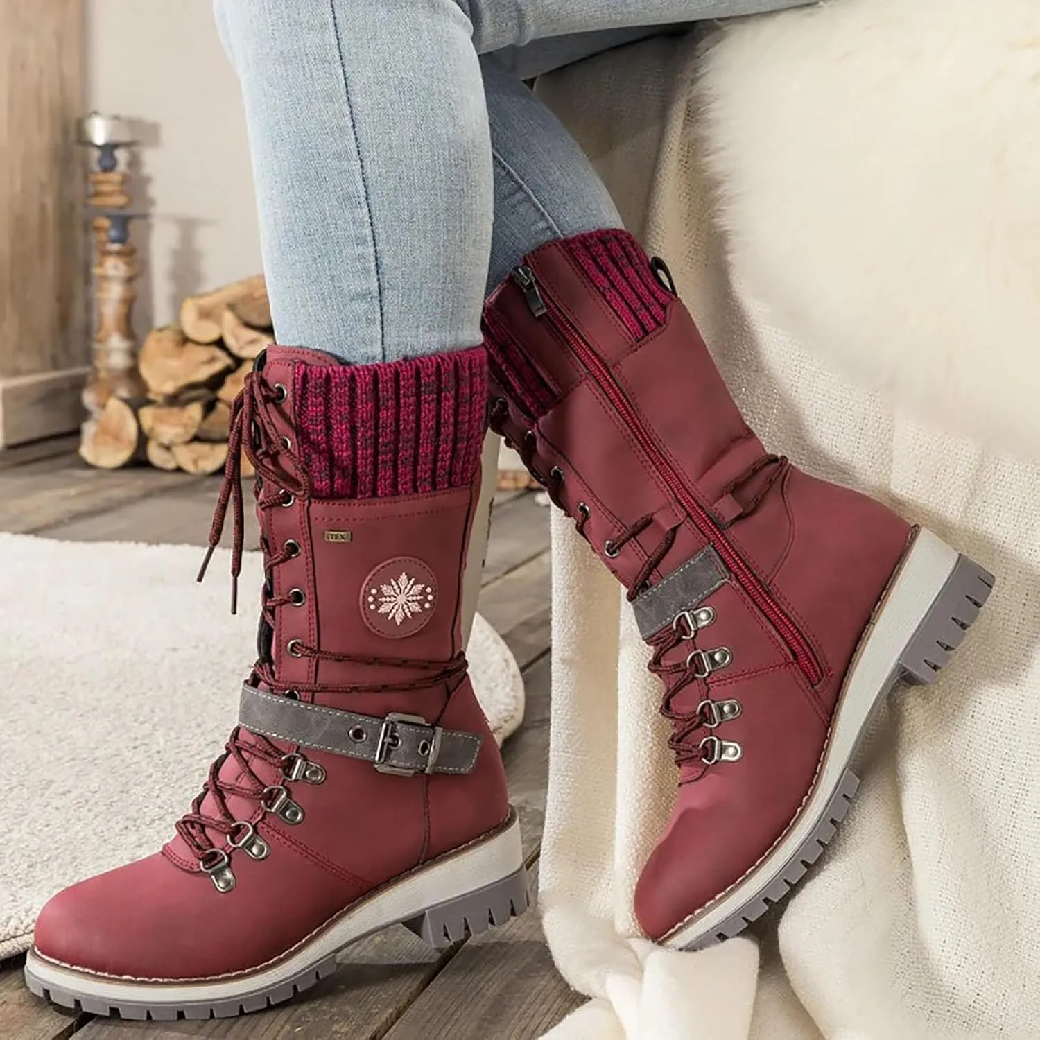 Women Buckle Knitted Mid Calf Boots Winter Warm Lace up Outdoor Casual Cowboy Boots Round Toe Dressy Snow Booties