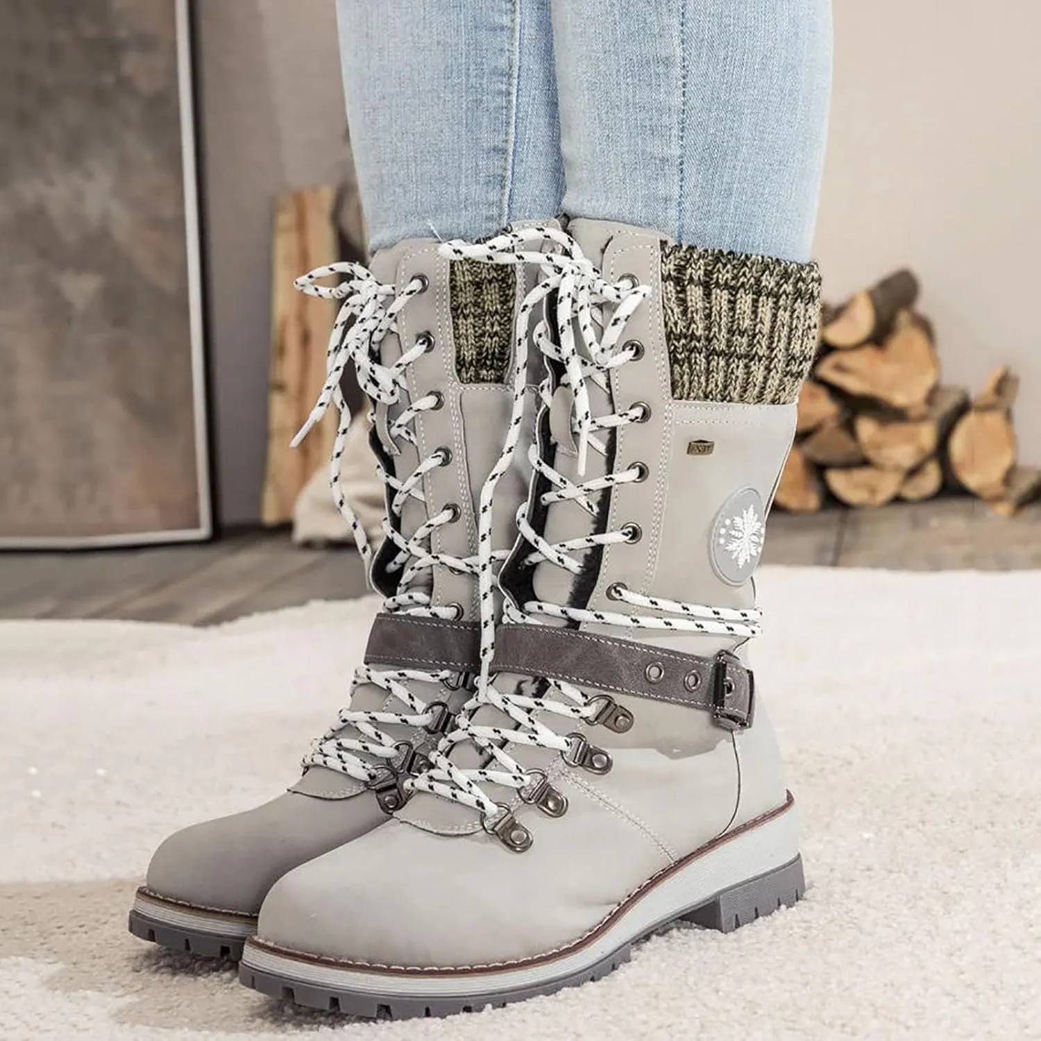 Women Buckle Knitted Mid Calf Boots Winter Warm Lace up Outdoor Casual Cowboy Boots Round Toe Dressy Snow Booties