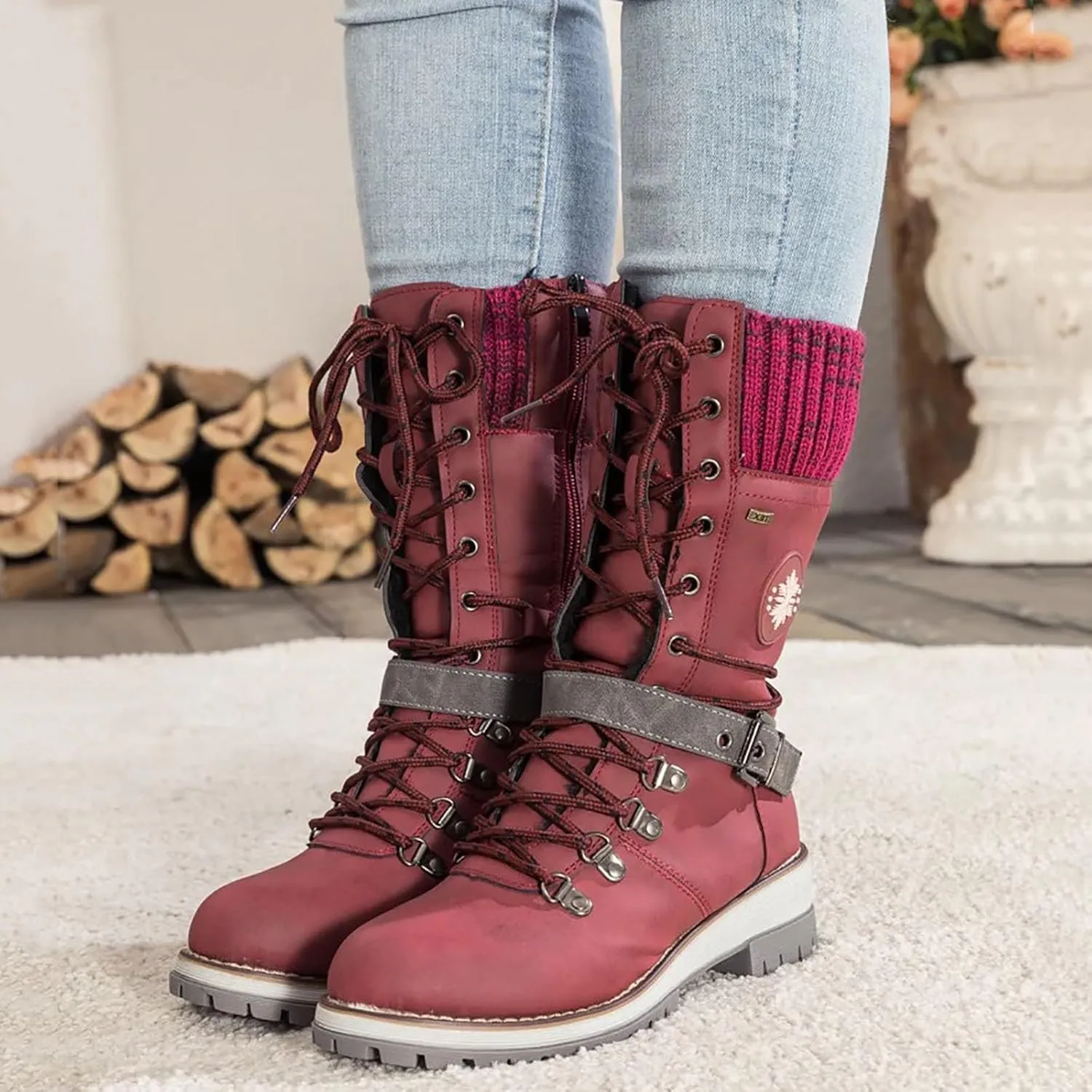Women Buckle Knitted Mid Calf Boots Winter Warm Lace up Outdoor Casual Cowboy Boots Round Toe Dressy Snow Booties