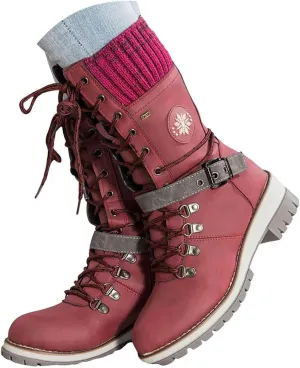 Women Buckle Knitted Mid Calf Boots Winter Warm Lace up Outdoor Casual Cowboy Boots Round Toe Dressy Snow Booties