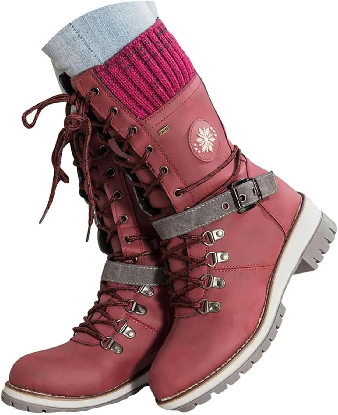 Women Buckle Knitted Mid Calf Boots Winter Warm Lace up Outdoor Casual Cowboy Boots Round Toe Dressy Snow Booties