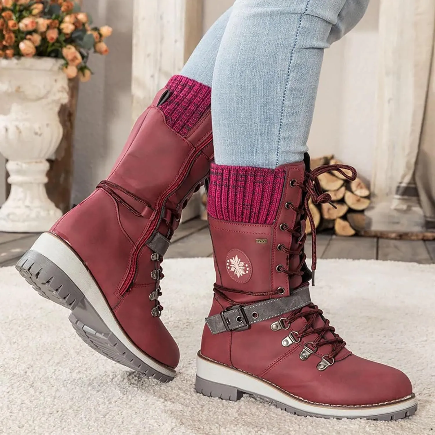 Women Buckle Knitted Mid Calf Boots Winter Warm Lace up Outdoor Casual Cowboy Boots Round Toe Dressy Snow Booties