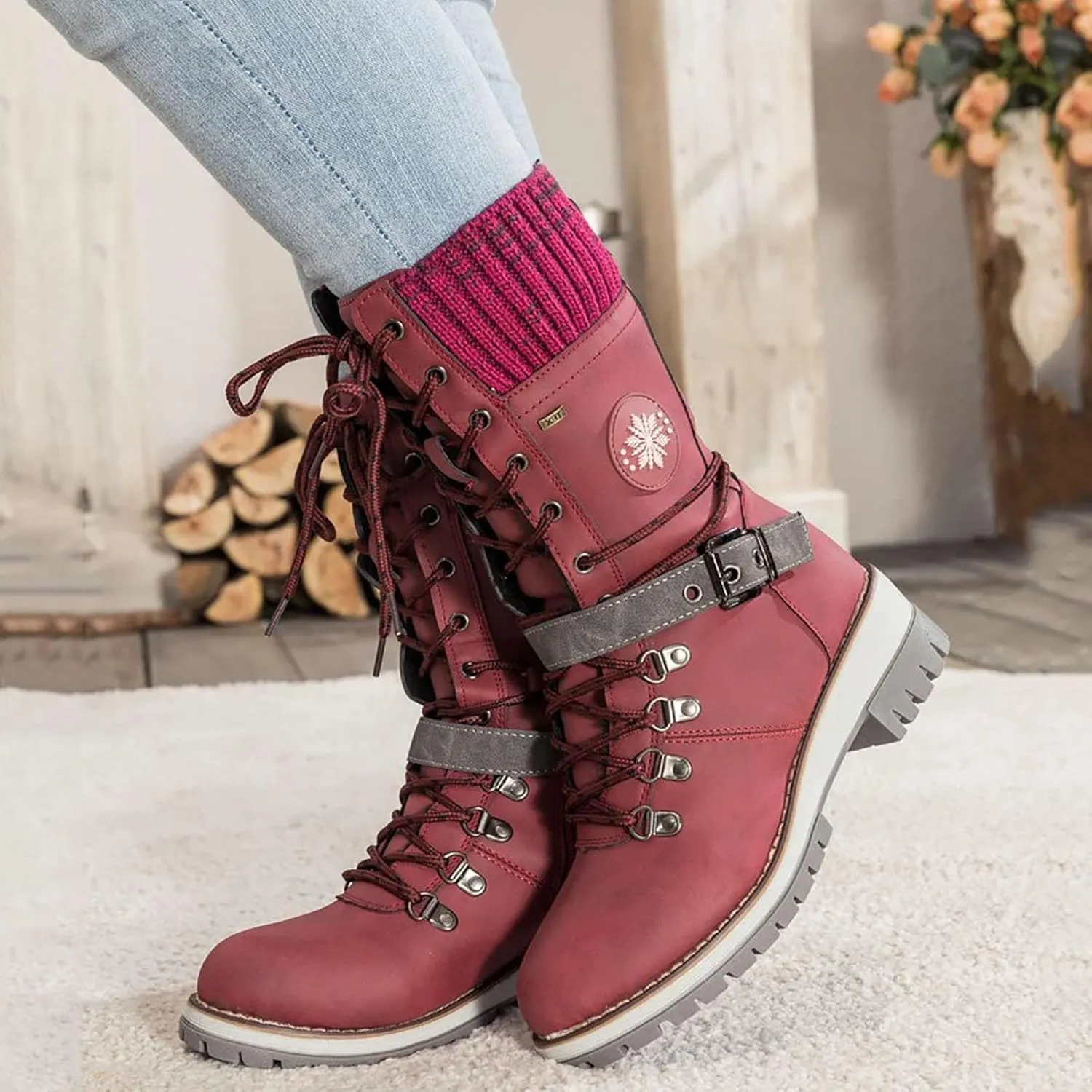 Women Buckle Knitted Mid Calf Boots Winter Warm Lace up Outdoor Casual Cowboy Boots Round Toe Dressy Snow Booties